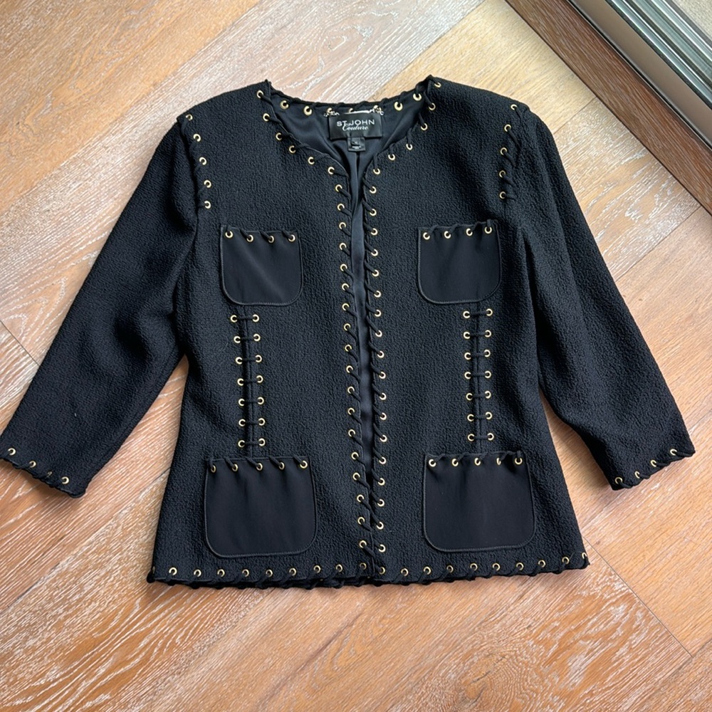 St. John couture gold grommet and string blazer jacket black